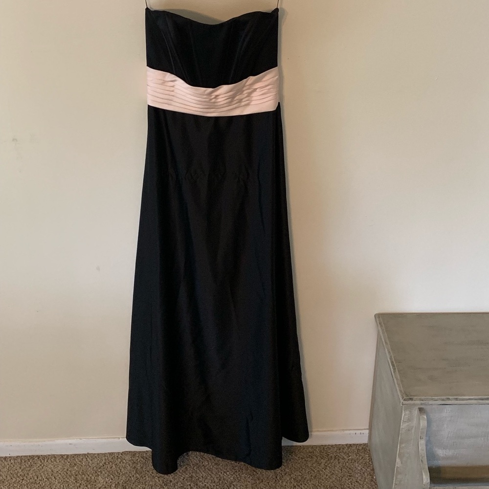 Strapless black and blush pink satin gown